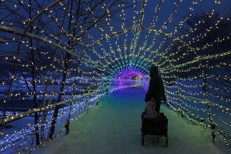 国営アルプスあづみの公園のオーロラの道を通る親子