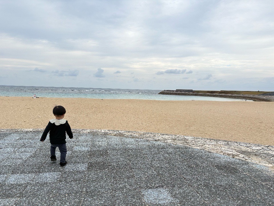 トロピカルビーチを歩く2歳児