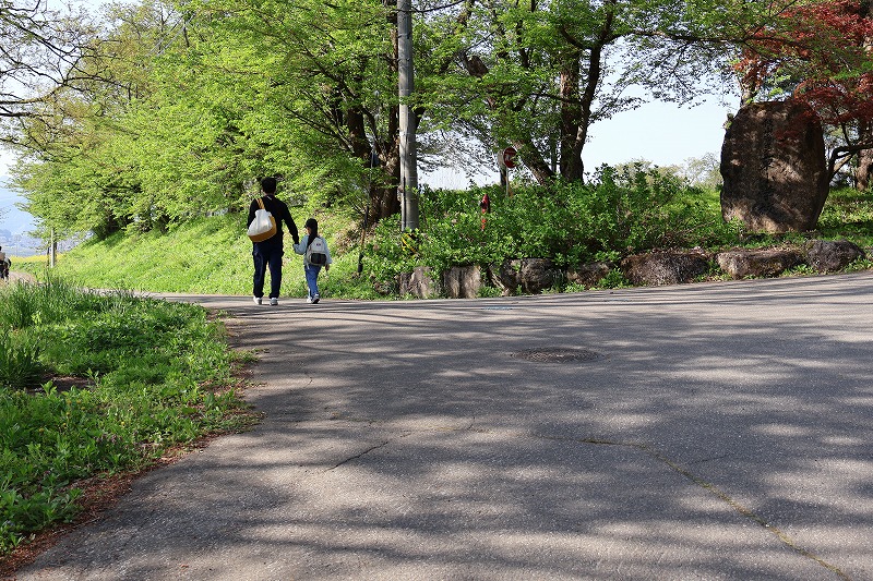 いいやま菜の花公園まで歩いている親子の様子