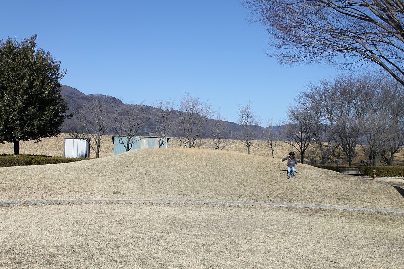 千曲市の五十里公園の芝生の広場で遊ぶ3歳児
